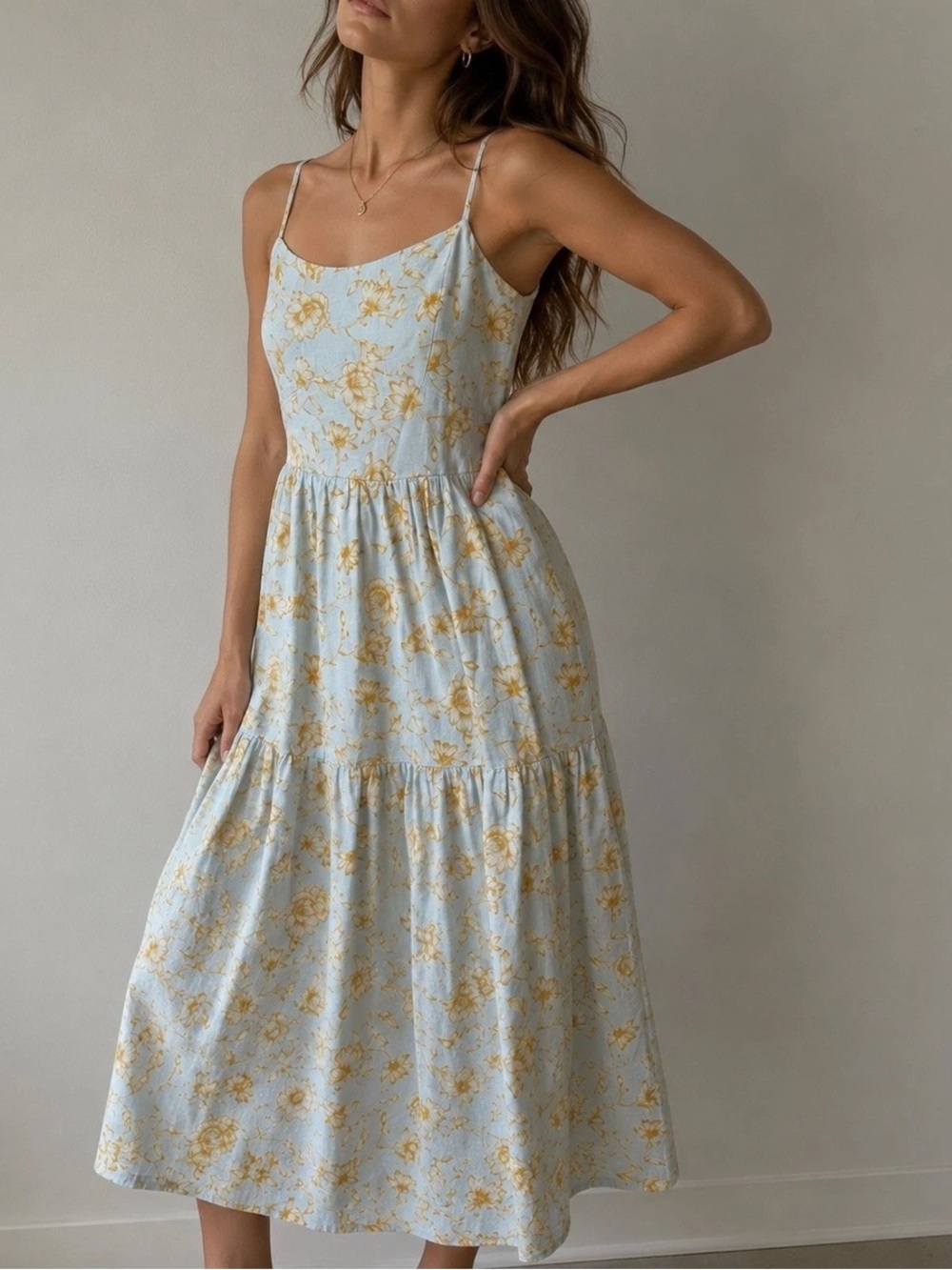Christian Lacroix Blue Floral Linen Blend Tiered Midi Dress Smocked Size M Size